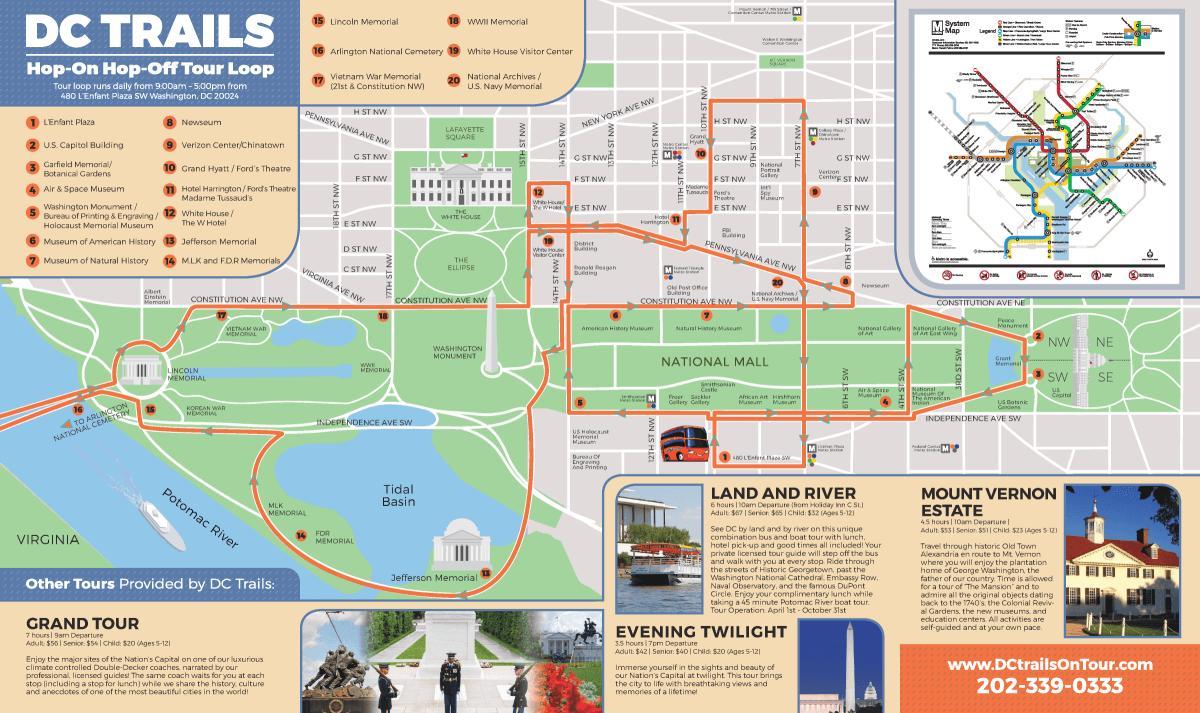 Washington-hop-hop-off bus rute na karti